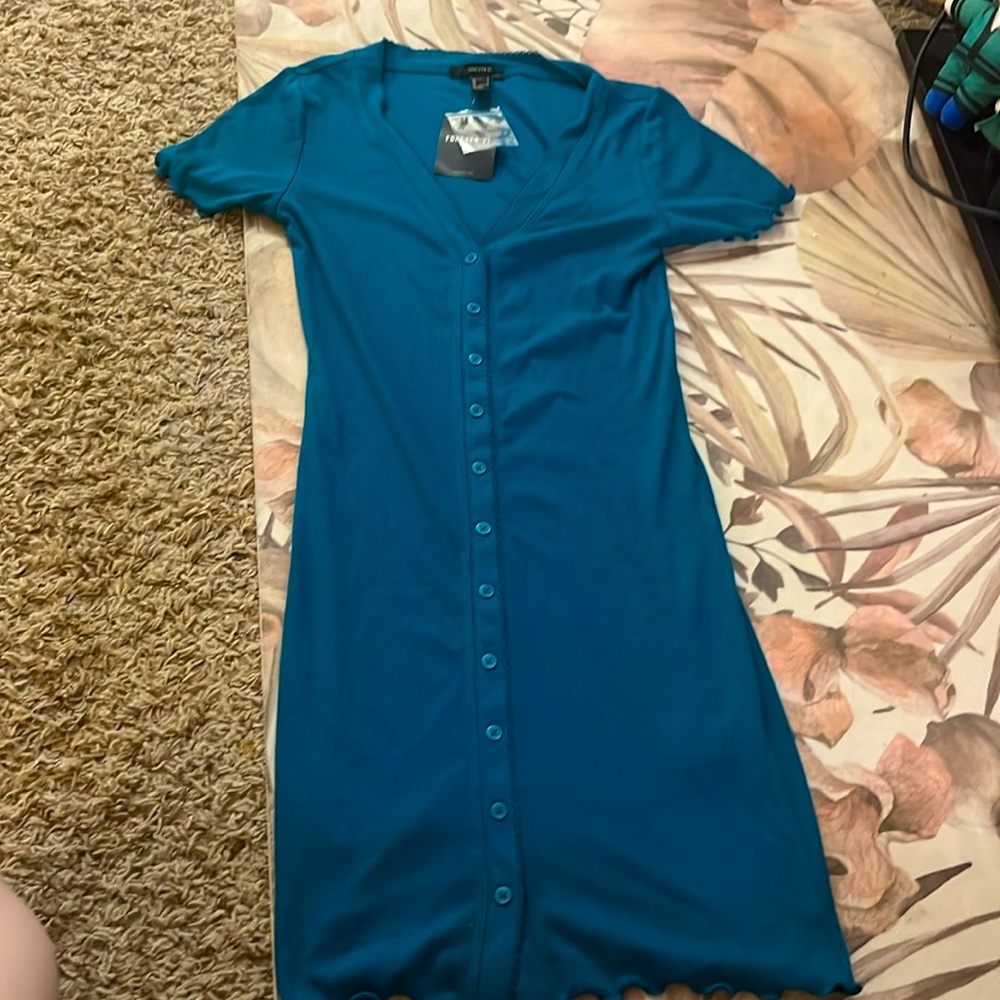 NWT Forever 21 Bodycon turquoise button down ruffled sleeve dress